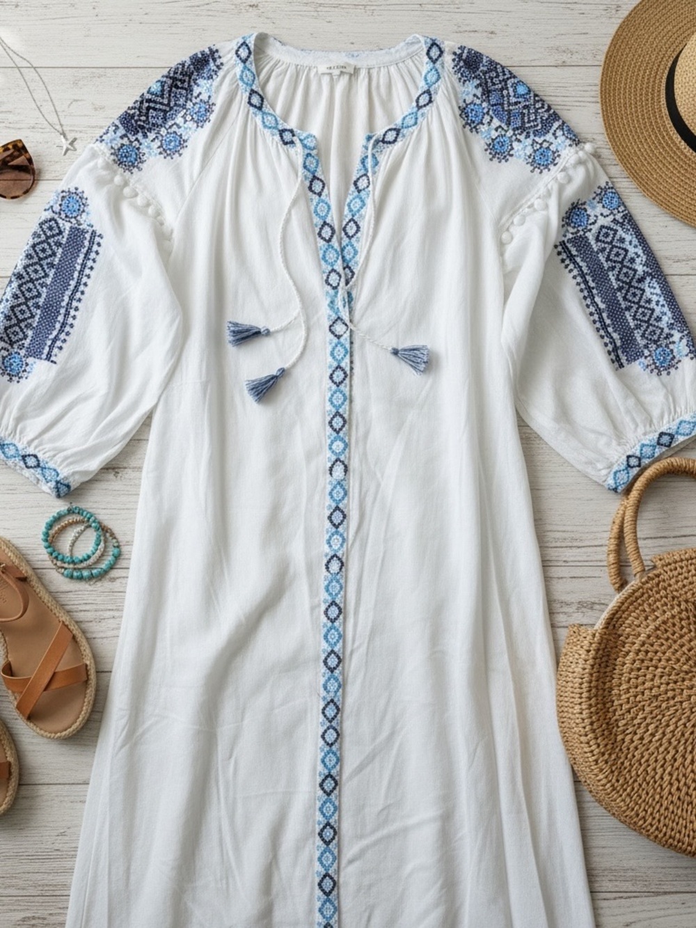 Melissa Odabash White Midi Dress with Blue Embroidery